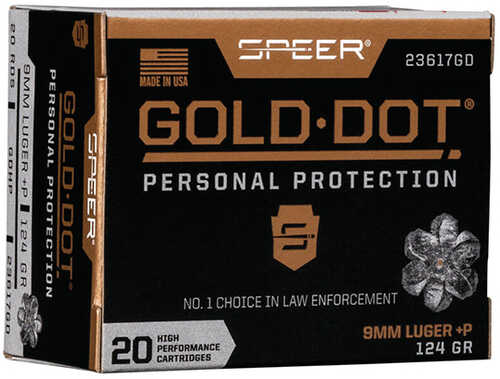 Speer Ammo Gold Dot Personal Protection 9mm Luger +P 124 GR Hollow Point (HP) 20 Round Box